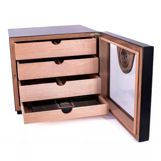 Angelo fekete humidor szekrény 60–80 szivar részére, üveges ajtóval és digitális hygrométerrel