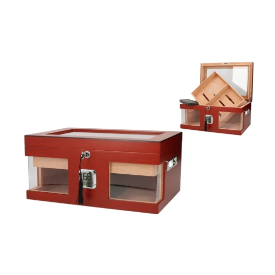 Angelo gasztro humidor kb 100 szivar részére, vörösesbarna színű, üveges tető, cédrusfa, külső digitális hygrométerrel és párásítóval - Humidor 80-150 szál szivarnak