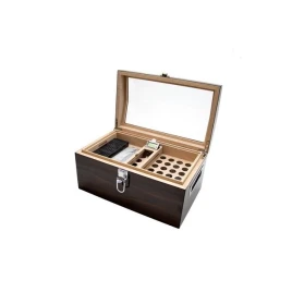 Ébenfekete bevonatú zongoralakk humidor üvegtetővel, 100 szál szivar részére - digitális higrométer, AP párásító, oldalsó fém fogantyúk, köztes polc