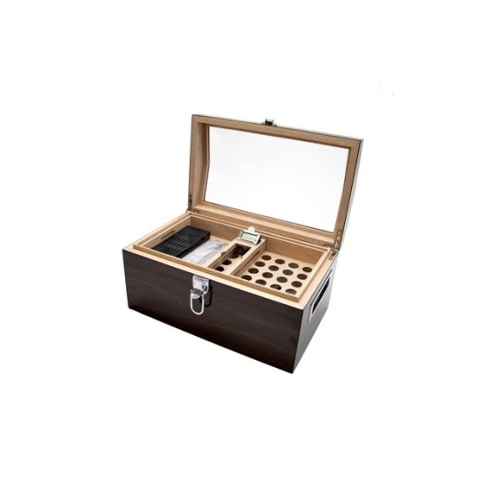 Ébenfekete bevonatú zongoralakk humidor üvegtetővel, 100 szál szivar részére - digitális higrométer, AP párásító, oldalsó fém fogantyúk, köztes polc