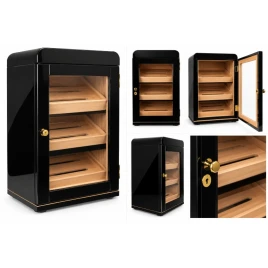 Fényes fekete humidor szekrény üvegajtóval – kb. 100–120 szivar számára