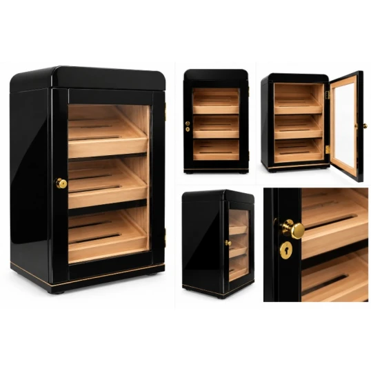 Fényes fekete humidor szekrény üvegajtóval – kb. 100–120 szivar számára - Humidor Szekrény