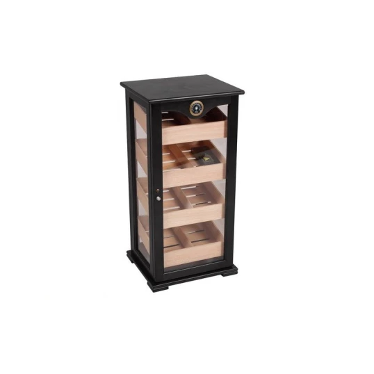 Gastro humidor - szivar tároló üveges szekrény 150 szál szivarnak, cédrusfa belső, körbe üveges, hygrométer - fekete - Humidor 80-150 szál szivarnak