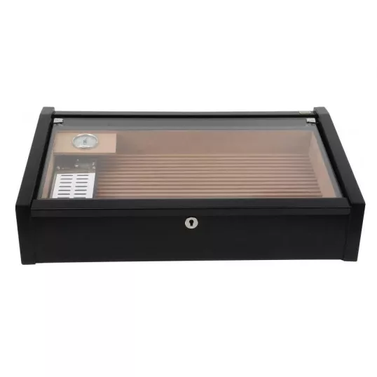 Adorini Vega Deluxe üvegtetős humidor, matt fekete lakkozott felülettel, spanyol cédrusfa belsővel, 70–75 szál szivar részére