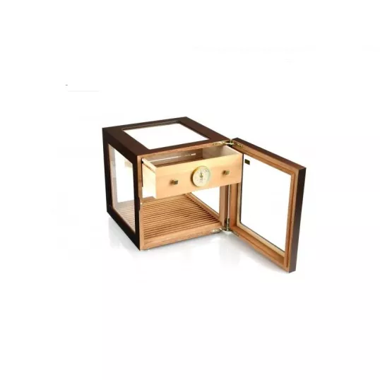 Adorini Cube Deluxe humidor diófa színben – körbe üveges szivar szekrény 100 szál szivarhoz - Humidor 80-150 szál szivarnak