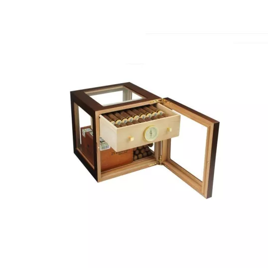 Adorini Cube Deluxe humidor diófa színben – körbe üveges szivar szekrény 100 szál szivarhoz - Humidor 80-150 szál szivarnak