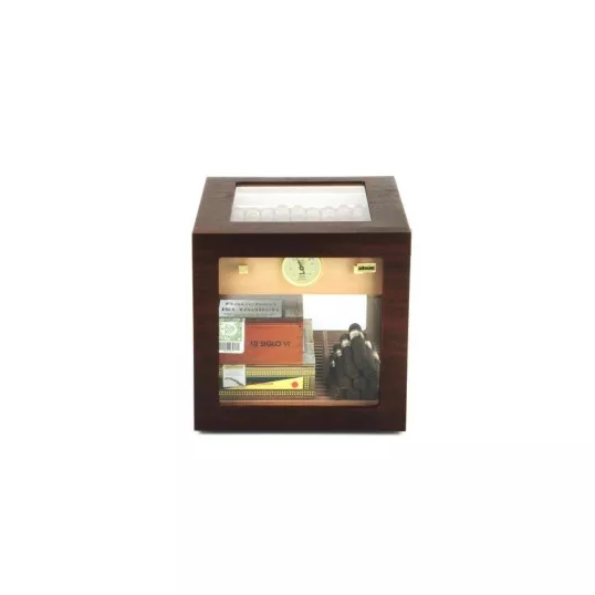 Adorini Cube Deluxe humidor diófa színben – körbe üveges szivar szekrény 100 szál szivarhoz - Humidor 80-150 szál szivarnak