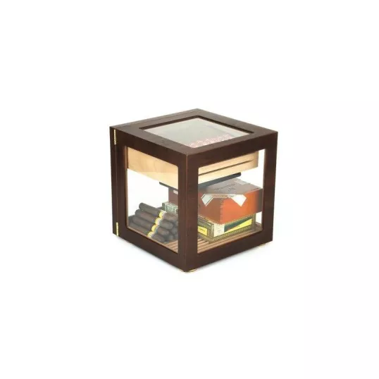Adorini Cube Deluxe humidor diófa színben – körbe üveges szivar szekrény 100 szál szivarhoz - Humidor 80-150 szál szivarnak