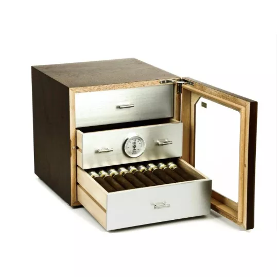 Adorini Chianti-M Deluxe humidor diófa / alumínium – fiókos szivarszekrény, üvegajtóval, 125 szál szivar részére