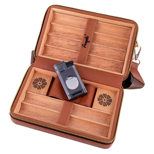Angelo barna bőr borítású cédrusfa utazó humidor 6 szál szivar részére, szúrólángos öngyújtóval - Humidor 5-20 szál szivarnak