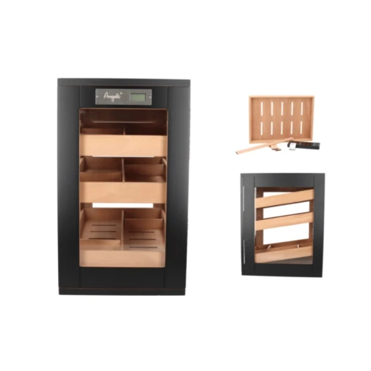 Angelo üveges humidor szekrény 90–110 szivarhoz, cédrusfa belsővel, digitális hygrométerrel – matt fekete - Humidor 80-150 szál szivarnak