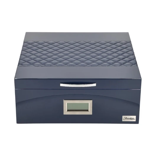 Passatore humidor – királykék, bőrbetéttel, digitális higrométerrel, 30–40 szivarhoz