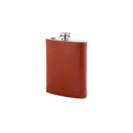 Rozsdamentes acél flaska, laposüveg világosbarna műbőr borítással - 8 oz. = 2.24dl