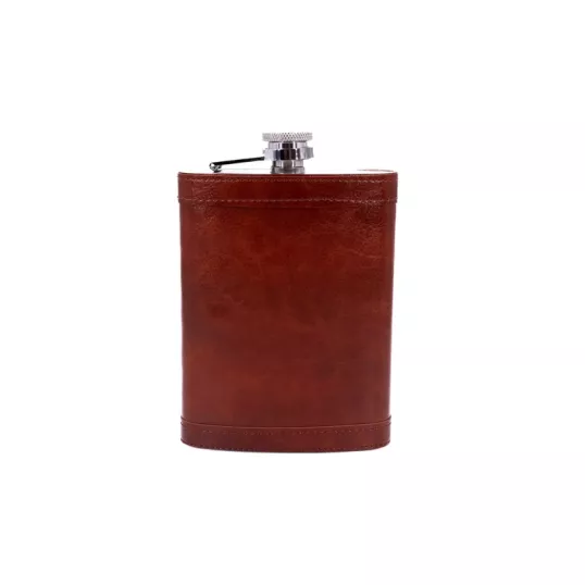 Rozsdamentes acél flaska, laposüveg világosbarna műbőr borítással - 8 oz. = 2.24dl