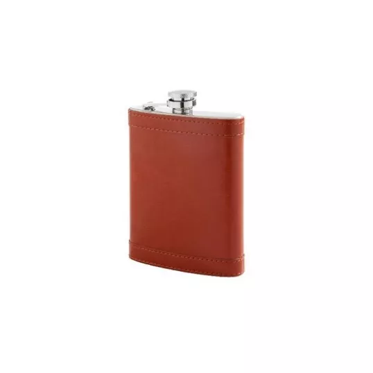 Rozsdamentes acél flaska, laposüveg világosbarna műbőr borítással - 8 oz. = 2.24dl