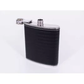Rozsdamentes acél flaska, laposüveg fekete műbőr borítással - 7 oz. = 2.07dl