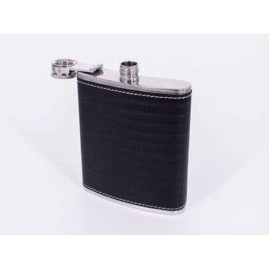 Rozsdamentes acél flaska, laposüveg fekete műbőr borítással - 7 oz. = 2.07dl