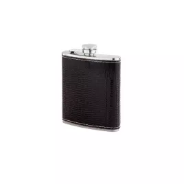 Rozsdamentes acél flaska, laposüveg fekete műbőr borítással - 7 oz. = 2.07dl