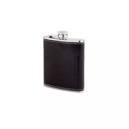 Rozsdamentes acél flaska, laposüveg fekete műbőr borítással - 7 oz. = 2.07dl