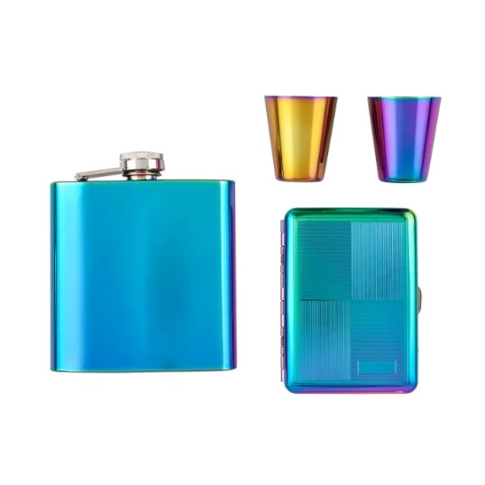 Színes rozsdamentes acél flaska pohárral és cigarettatartóval - 6 oz. = 1.77dl - Nemzeti Dohányboltok és szivar szaküzletek számára