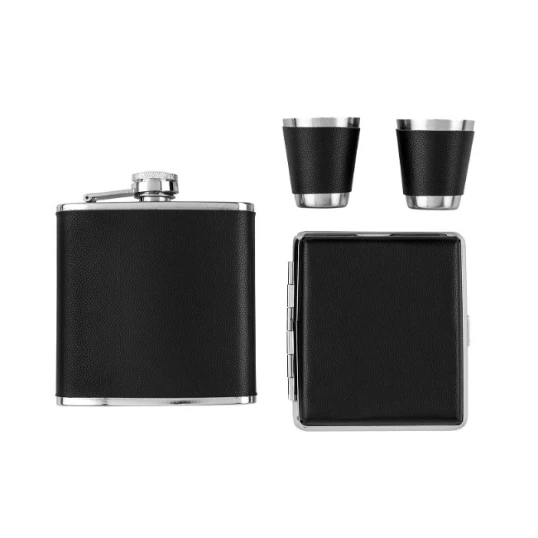 Rozsdamentes acél laposüvegszett – fekete bőrborítással, cigarettatartóval és 2 pohárral, 6 oz (177 ml) - Flaskák – praktikus úti eszközök