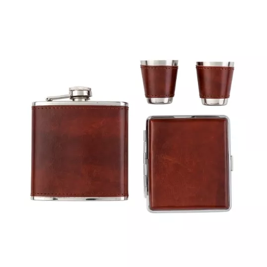 Rozsdamentes acél flaska barna bőr borítással - 6 oz. = 1.77dl