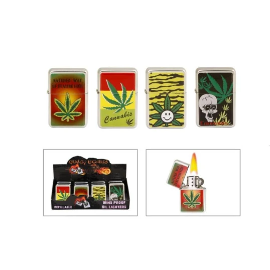 Angel Benzines öngyújtó króm - színes cannabis mintás  - Egész tálca - 4 db - Benzines vihar öngyújtók