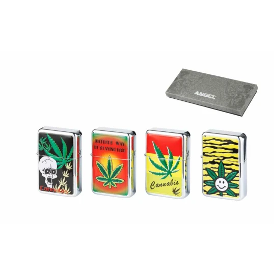 Angel Benzines öngyújtó króm - színes cannabis mintás  - Egész tálca - 4 db
