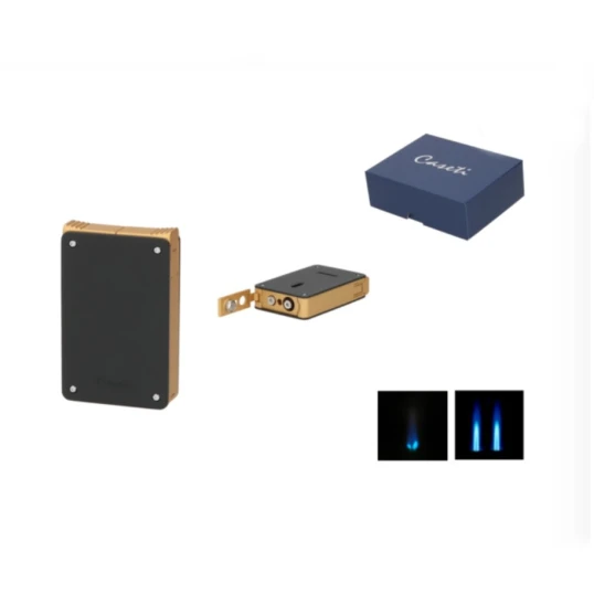 Caseti Dupla Jet láng + Soft Jetflame szivaröngyújtó, 8 mm szivarfúróval – Fekete matt / Arany - Caseti