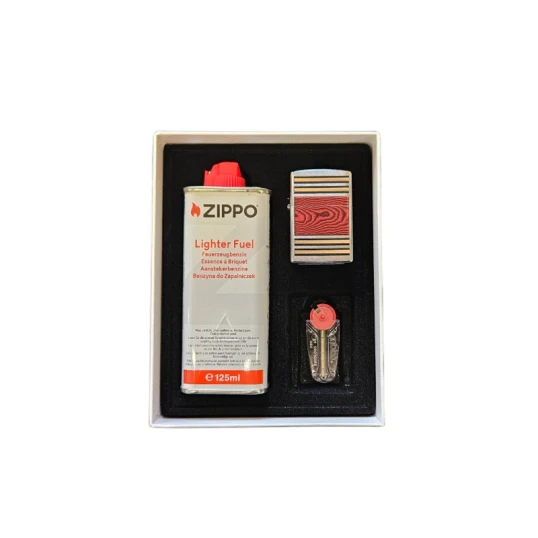 Zippo ajándék szett – Vörös faerezet mintás benzines öngyújtó, 125 ml Zippo benzin és Zippo tűzkő készlet díszdobozban - Benzines öngyújtók