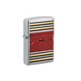 Zippo szálcsiszolt króm öngyújtó arany színű díszcsíkokkal és vörös faerezet mintával