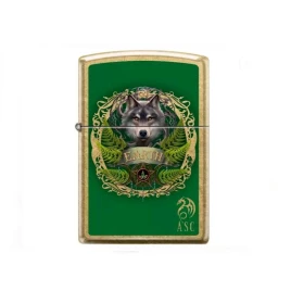 Zippo sárgaréz benzines öngyújtó – Anne Stokes „Earth Wolf” zöld farkas mintával