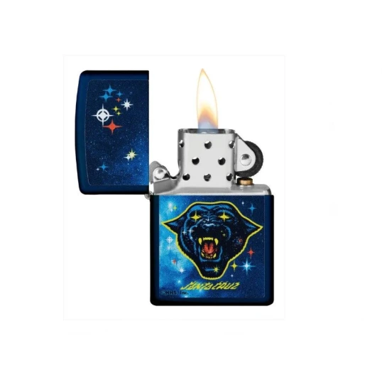 Zippo matt mély sötétkék (Navy Matte) benzines öngyújtó – Santa Cruz Space Dot Párduc mintával - Benzines öngyújtók
