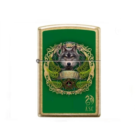 Zippo sárgaréz benzines öngyújtó – Anne Stokes „Earth Wolf” zöld farkas mintával