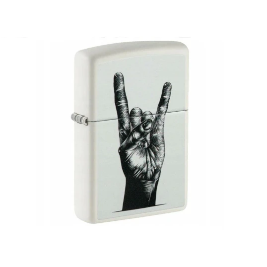 Zippo Benzines Vihargyújtó – Matt fehér „Rock Hand” mintával - Benzines öngyújtók