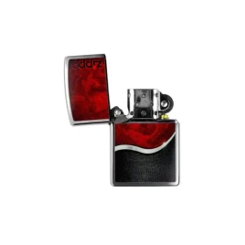 Zippo króm benzines öngyújtó – Piros rózsa, fekete-ezüst színű mintával