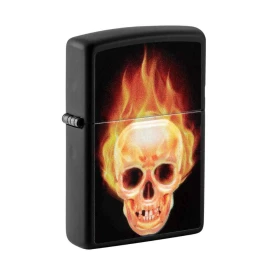 Zippo benzines öngyújtó – Lángoló koponya mintával, fekete és narancssárga 