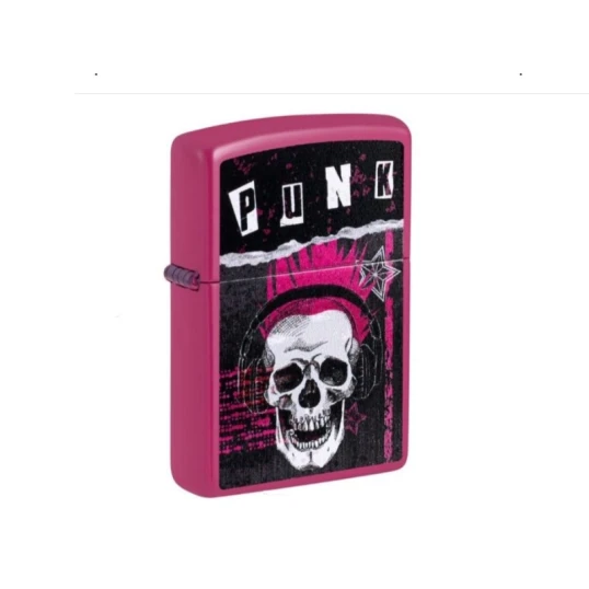 Zippo Punk Skull Design benzines öngyújtó – élénk pink, fejhallgatós koponyamintával - Benzines vihar öngyújtók