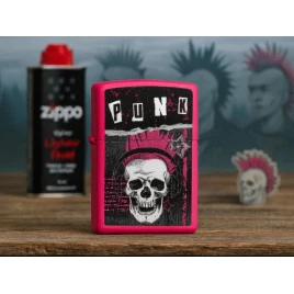 Zippo Punk Skull Design benzines öngyújtó – élénk pink, fejhallgatós koponyamintával