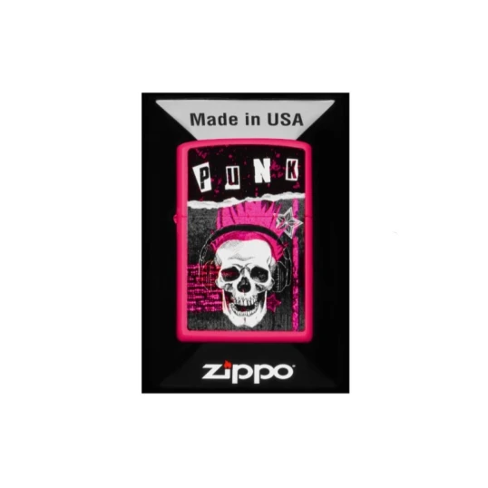 Zippo Punk Skull Design benzines öngyújtó – élénk pink, fejhallgatós koponyamintával - Benzines vihar öngyújtók