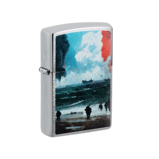 Zippo D-Day Landing benzines öngyújtó – szálcsiszolt króm, normandiai partraszállás 80. évfordulója - Benzines vihar öngyújtók