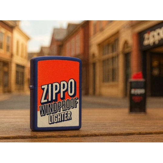 Zippo Windproof Lighter Design benzines öngyújtó – matt tengerészkék, retró feliratos grafikával - Benzines vihar öngyújtók