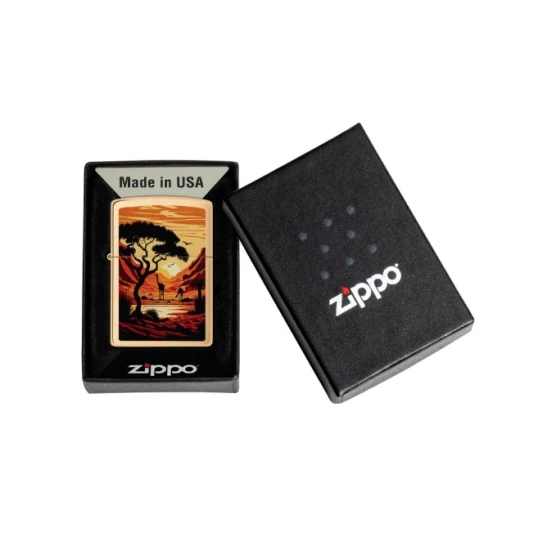 Zippo Giraffes Design benzines öngyújtó – szálcsiszolt sárgaréz, afrikai szavanna és zsiráfok mintával - Benzines vihar öngyújtók