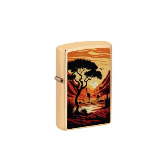 Zippo Giraffes Design benzines öngyújtó – szálcsiszolt sárgaréz, afrikai szavanna és zsiráfok mintával - Benzines vihar öngyújtók