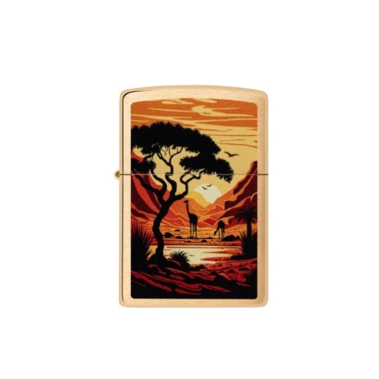 Zippo Giraffes Design benzines öngyújtó – szálcsiszolt sárgaréz, afrikai szavanna és zsiráfok mintával - Benzines vihar öngyújtók