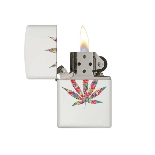 Zippo Floral Weed Design benzines öngyújtó – fehér matt, színes virágmintás kannabiszlevéllel - Benzines vihar öngyújtók