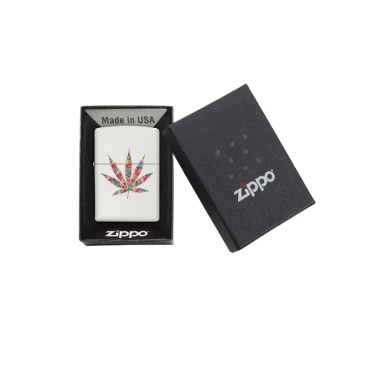 Zippo Floral Weed Design benzines öngyújtó – fehér matt, színes virágmintás kannabiszlevéllel - Benzines vihar öngyújtók