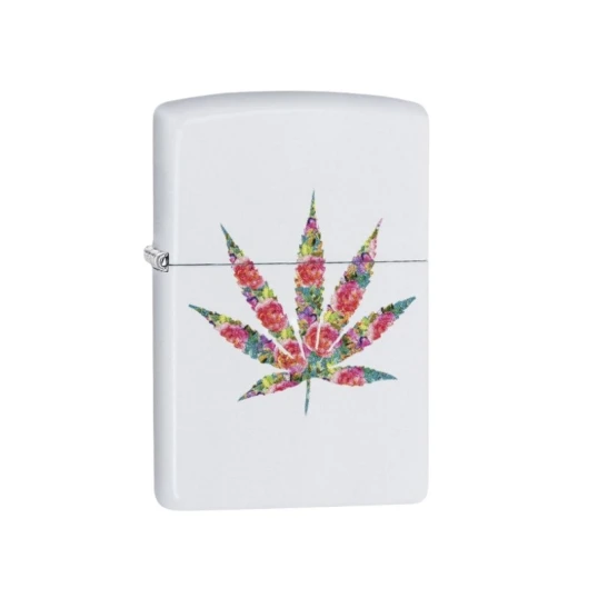 Zippo Floral Weed Design benzines öngyújtó – fehér matt, színes virágmintás kannabiszlevéllel - Benzines vihar öngyújtók
