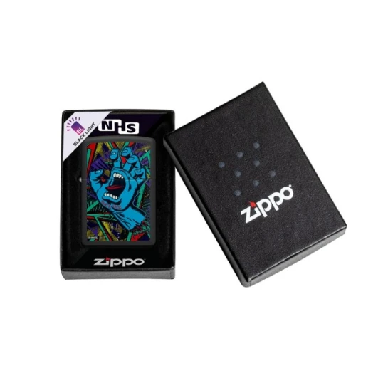Zippo Santa Cruz Screaming Hand Black Light benzines öngyújtó – matt fekete, UV-fényben világító grafikával - Benzines vihar öngyújtók