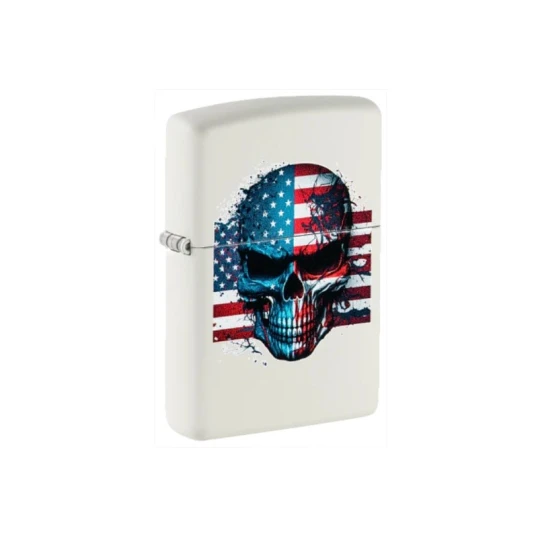 Zippo American Skull Design matt fehér benzines öngyújtó – amerikai zászlós koponya mintával